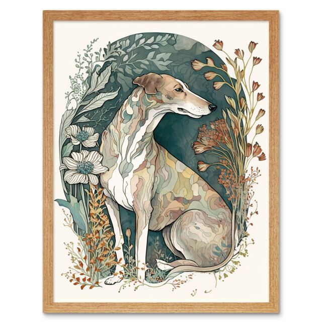 "Artery8 Wall Art Print Greyhound Dog in Flower Field Modern Pastel Boho Watercolour Art Framed in Light Oak - Size: W12"" x H16""" - image 1