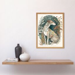"Artery8 Wall Art Print Greyhound Dog in Flower Field Modern Pastel Boho Watercolour Art Framed in Light Oak - Size: W12"" x H16""" - thumbnail 2