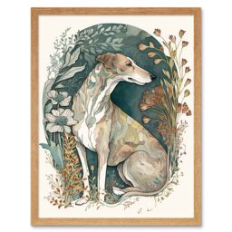 "Artery8 Wall Art Print Greyhound Dog in Flower Field Modern Pastel Boho Watercolour Art Framed in Light Oak - Size: W12"" x H16""" - thumbnail 1