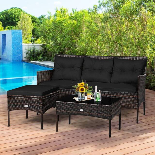 Costway 3 PCS Patio Conversation Set Outdoor PE Rattan Furniture Set in Black - image 1