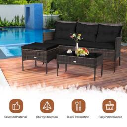 Costway 3 PCS Patio Conversation Set Outdoor PE Rattan Furniture Set in Black - thumbnail 9