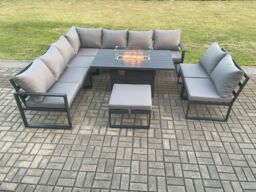 Fimous Aluminium 10 Seater Lounge Corner Sofa Outdoor Garden Furniture Sets Gas Fire Pit Dining Table Set with Big Footstool Dark Grey - thumbnail 2