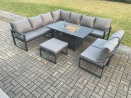 Fimous Aluminium 10 Seater Lounge Corner Sofa Outdoor Garden Furniture Sets Gas Fire Pit Dining Table Set with Big Footstool Dark Grey - thumbnail 1