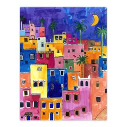 "Artery8 Colourful Moroccan Cityscape At Night Watercolour Wall Art Print - Size: W18"" x H24""" - thumbnail 1
