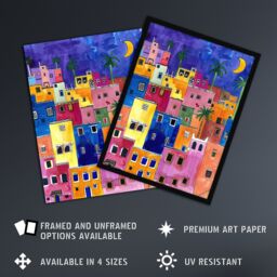 "Artery8 Colourful Moroccan Cityscape At Night Watercolour Wall Art Print - Size: W18"" x H24""" - thumbnail 2