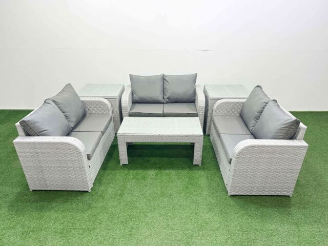 Fimous 6 Seater PE Wicker Rattan Furniture Sofa Sets with Oblong Coffee Table 2 Seater Love Sofa 2 Side Table Light Grey - image 1