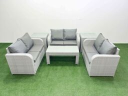 Fimous 6 Seater PE Wicker Rattan Furniture Sofa Sets with Oblong Coffee Table 2 Seater Love Sofa 2 Side Table Light Grey - thumbnail 1