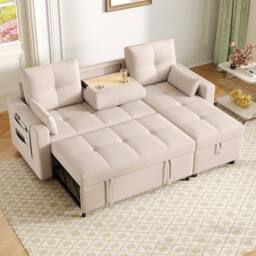 Rolipo Beige L-Shaped Sofa Bed Convertible Corner Pull-Out Sleeper Linen - thumbnail 6