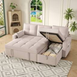 Rolipo Beige L-Shaped Sofa Bed Convertible Corner Pull-Out Sleeper Linen - thumbnail 8