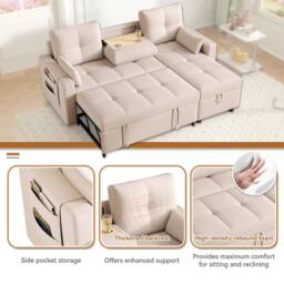 Rolipo Beige L-Shaped Sofa Bed Convertible Corner Pull-Out Sleeper Linen - thumbnail 5