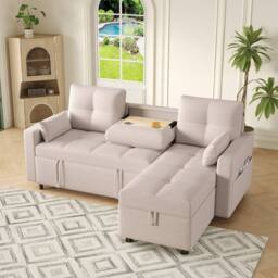 Rolipo Beige L-Shaped Sofa Bed Convertible Corner Pull-Out Sleeper Linen - thumbnail 7