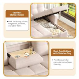 Rolipo Beige L-Shaped Sofa Bed Convertible Corner Pull-Out Sleeper Linen - thumbnail 4