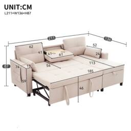 Rolipo Beige L-Shaped Sofa Bed Convertible Corner Pull-Out Sleeper Linen - thumbnail 2