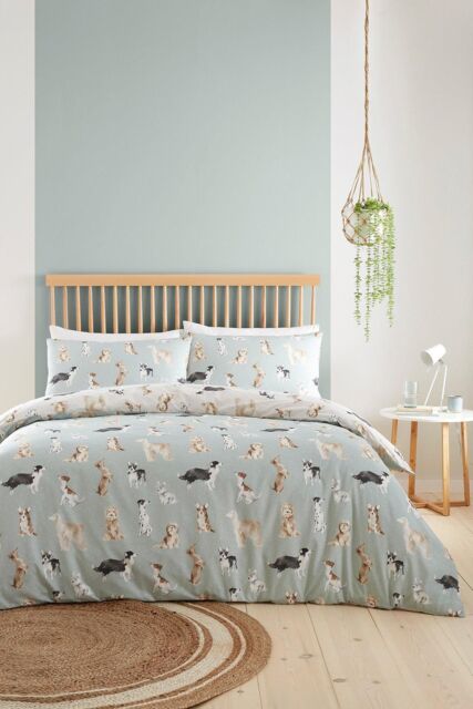 Fusion 'Cute Dogs' Easycare Duvet Cover Set in Duck Egg Blue - Size: Double - image 1