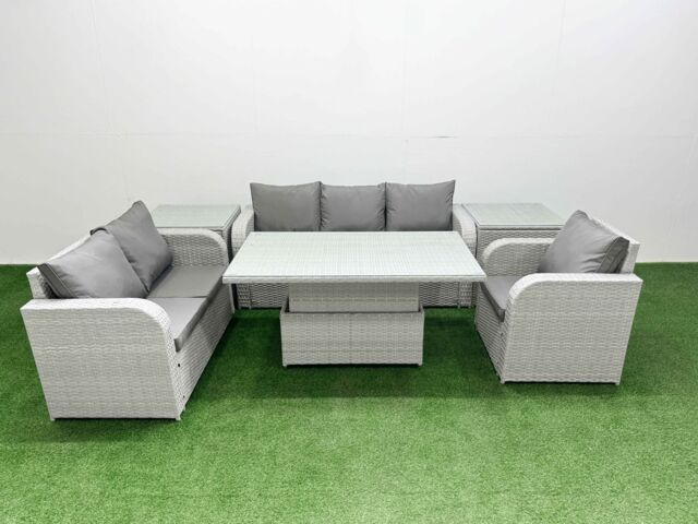 Fimous Patio PE Wicker 6 Seater Outdoor Rattan Furniture Sofa Sets w/ Adjustable Lifting Dining or Coffee Table Reclining Chair Loveseat Sofa 3 - image 1