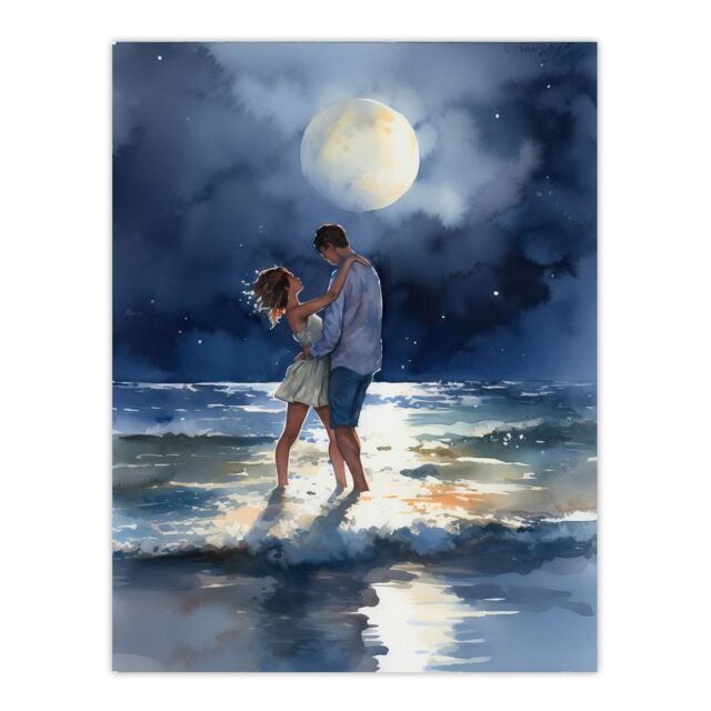 Artery8 Wall Art Print Dancing In The Waves Watercolour Painting Blue Yellow Couple Dancing Under A Full Moon In Coastal Landscape Bedroom Art Poster - image 1