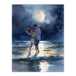 Artery8 Wall Art Print Dancing In The Waves Watercolour Painting Blue Yellow Couple Dancing Under A Full Moon In Coastal Landscape Bedroom Art Poster - thumbnail 1