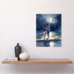 Artery8 Wall Art Print Dancing In The Waves Watercolour Painting Blue Yellow Couple Dancing Under A Full Moon In Coastal Landscape Bedroom Art Poster - thumbnail 4