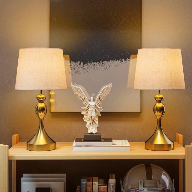 HOMCOM Table Lamps Set of 2, Modern Bedside Lamps with USB Ports in Gold - image 1
