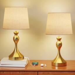 HOMCOM Table Lamps Set of 2, Modern Bedside Lamps with USB Ports in Gold - thumbnail 2