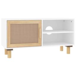 Berkfield Home TV Cabinet White 80x30x40 cm Solid Wood Pine & Natural Rattan - Size: 80 x 30 x 40 cm