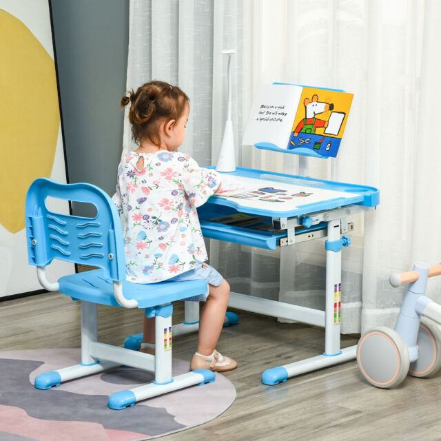 HOMCOM Kids Desk & Chair Set, Height Adjustable Study Desk with USB Lamp in Blue - image 1