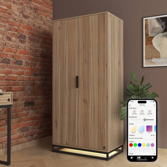 X Rocker Denver 2 Door Wardrobe With LED App Control Lights in Light Oak - image 1