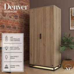 X Rocker Denver 2 Door Wardrobe With LED App Control Lights in Light Oak - thumbnail 2