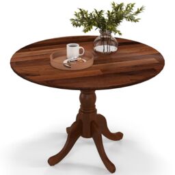 Gymax Wooden Dining Table with Round Tabletop & Curved Trestle Legs in Dark Brown - thumbnail 1