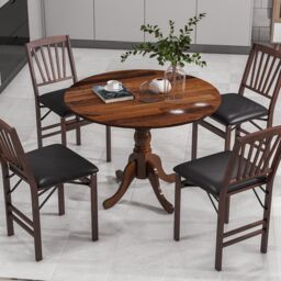 Gymax Wooden Dining Table with Round Tabletop & Curved Trestle Legs in Dark Brown - thumbnail 7