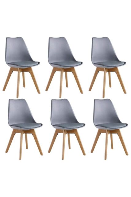 Life Interiors Set of 6 'Tulip Dining Chairs' Leather Padded Seat Solid Wood Legs in Grey - image 1