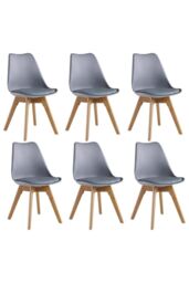 Life Interiors Set of 6 'Tulip Dining Chairs' Leather Padded Seat Solid Wood Legs in Grey - thumbnail 1