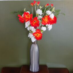 Leaf 100cm Artificial Poppy & White Blossom Arrangement Glass Vase in Red