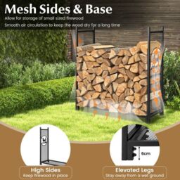 Costway Firewood Rack Stand Heavy-Duty Log Rack Holder Mesh Sides Fireplace Wood Storage in Black - thumbnail 5