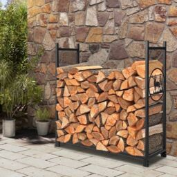 Costway Firewood Rack Stand Heavy-Duty Log Rack Holder Mesh Sides Fireplace Wood Storage in Black - thumbnail 2