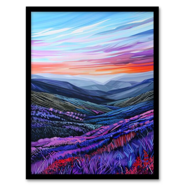 "Artery8 Scottish Heather Fields Artwork Purple Hills Framed Art Print in Blue - Size: W12"" x H16""" - image 1