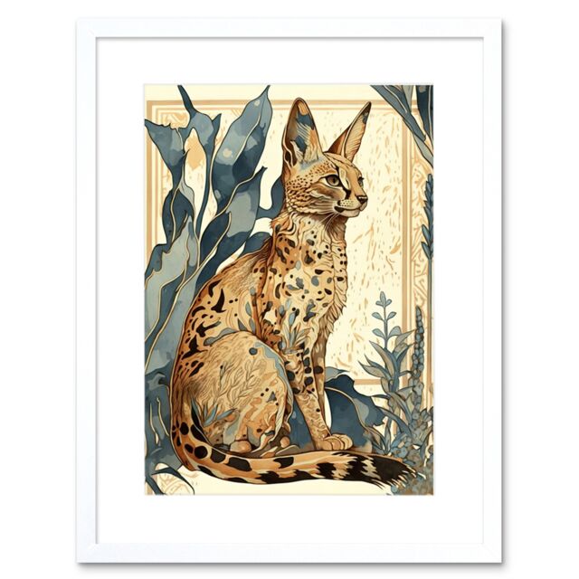 "Artery8 Wall Art Print Serval Cat with Teal Plants Watercolour Portrait Modern Artwork Framed 9X7 Inch in White - Size: W7"" x H9""" - image 1
