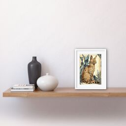 "Artery8 Wall Art Print Serval Cat with Teal Plants Watercolour Portrait Modern Artwork Framed 9X7 Inch in White - Size: W7"" x H9""" - thumbnail 2