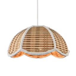 Happy Homewares Vintage Victorian Rattan Pendant Shade with White Embroidered Trim in Brown