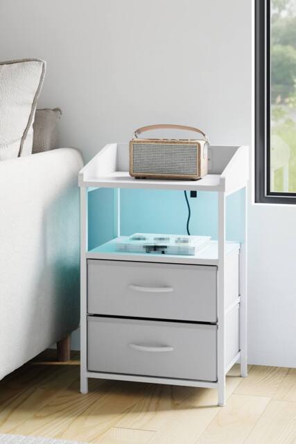 Living and Home Nightstand Bedside Table with Charging Station and LED Lights in White - image 1