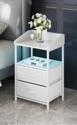 Living and Home Nightstand Bedside Table with Charging Station and LED Lights in White - thumbnail 4