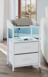 Living and Home Nightstand Bedside Table with Charging Station and LED Lights in White - thumbnail 2