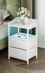Living and Home Nightstand Bedside Table with Charging Station and LED Lights in White - thumbnail 3