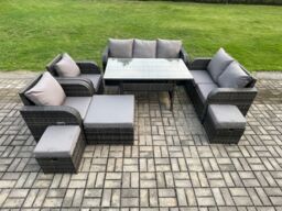 Fimous Dark Grey PE Wicker Rattan Garden Furniture Set Reclining Chair Love Sofa 2 Seater Sofa Set Outdoor Rectangular Dining Table 3 Footstools - thumbnail 1