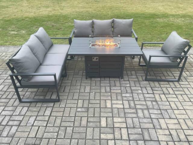 Fimous Aluminium Outdoor Lounge Sofa Garden Furniture Sets Gas Fire Pit Dining Table Set Dark Grey - image 1
