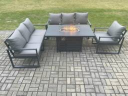 Fimous Aluminium Outdoor Lounge Sofa Garden Furniture Sets Gas Fire Pit Dining Table Set Dark Grey - thumbnail 1