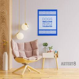 "Artery8 Dogs Welcome People Tolerated Blue Design Funny Canvas Wall Art Print - Size: W24"" x H32""" - thumbnail 3