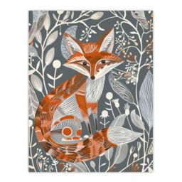 "Artery8 Woodland Fox Folk Art Grey Rustic Wildflowers Wall Art Print in Orange - Size: W24"" x H32""" - thumbnail 1