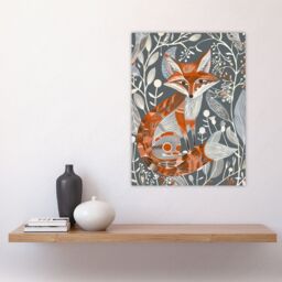 "Artery8 Woodland Fox Folk Art Grey Rustic Wildflowers Wall Art Print in Orange - Size: W24"" x H32""" - thumbnail 4