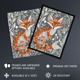 "Artery8 Woodland Fox Folk Art Grey Rustic Wildflowers Wall Art Print in Orange - Size: W24"" x H32""" - thumbnail 2